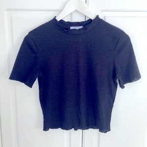Zara Medium Short Sleeve High Crew Neck Black T-shirt with serged ruffled edges